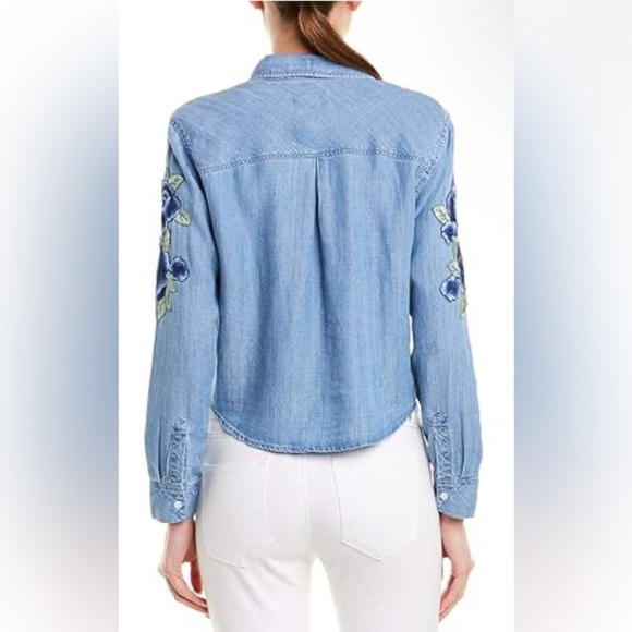 RAILS Val Floral Patch Embroidered Blue Denim Button-Down Tie-Front Blouse- XS - Picture 4 of 11